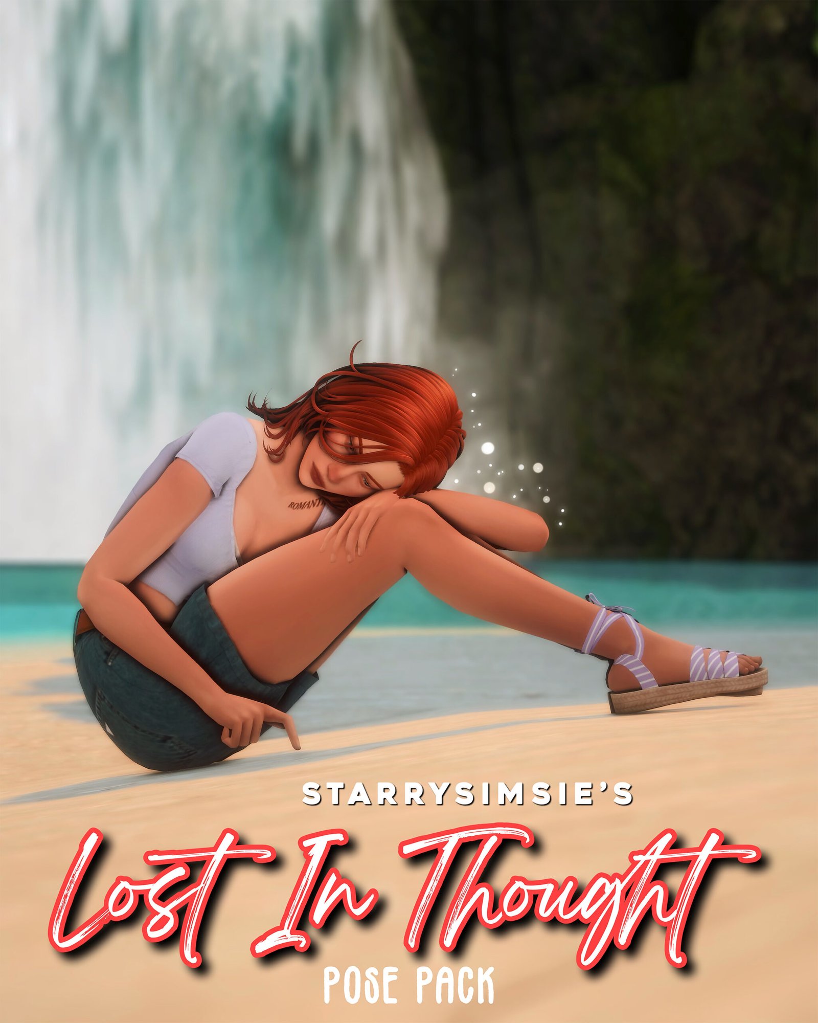 A Sim seated on the ground in StarrySimsie’s Lost In Thought pose pack