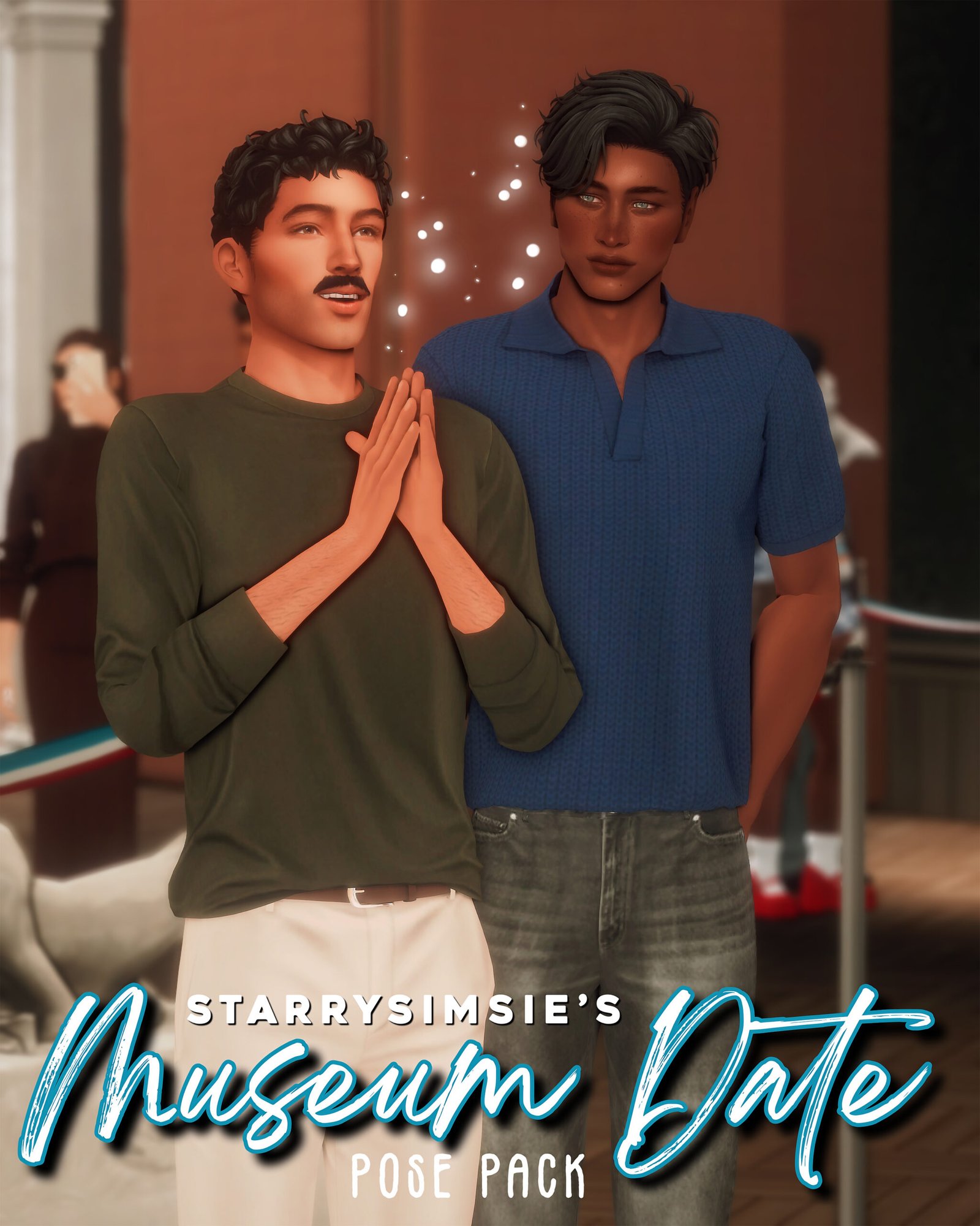 Two Sims at a museum in StarrySimsie’s Museum Date pose pack