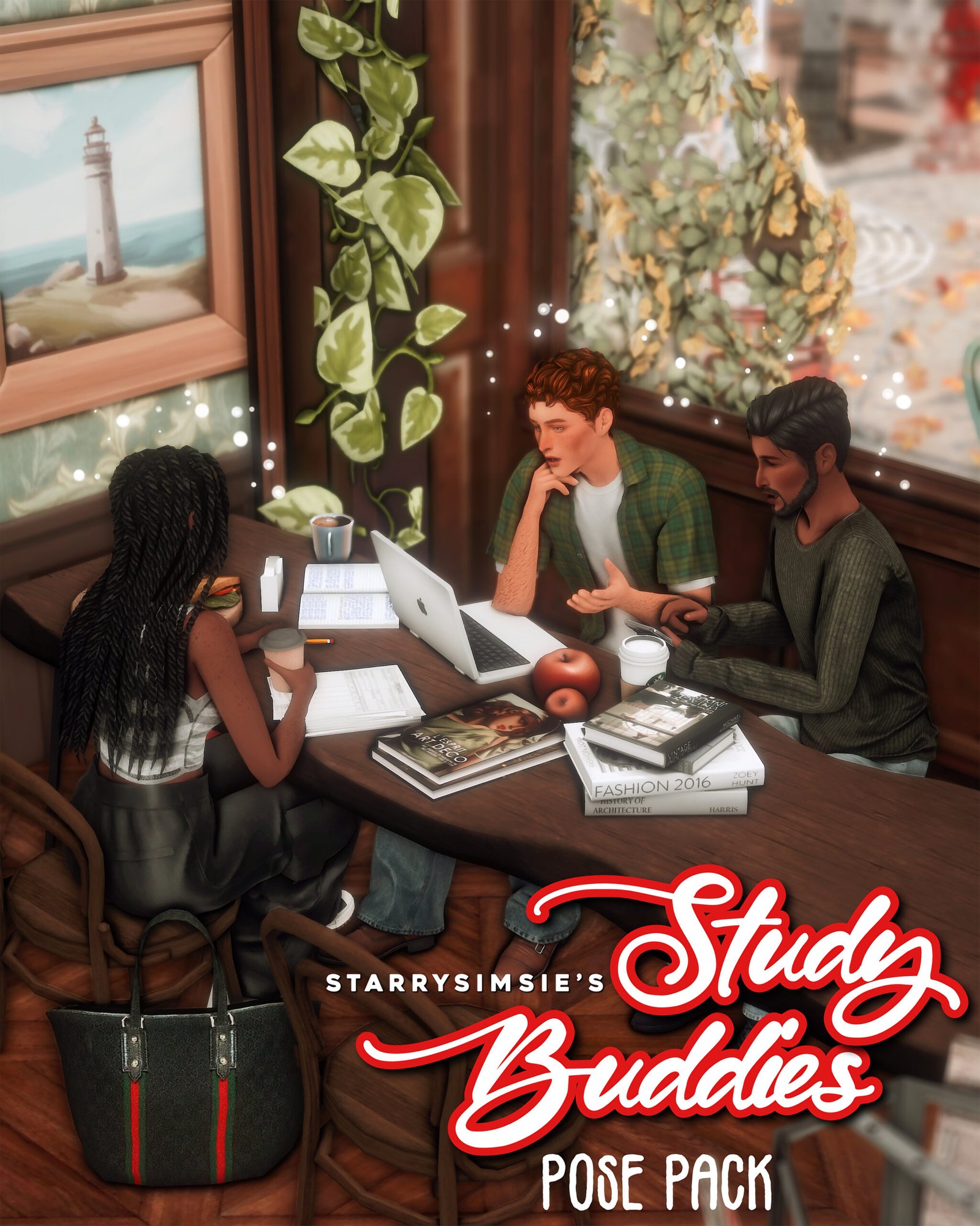 Three Sims studying at a table in StarrySimsie’s Study Buddies pose pack