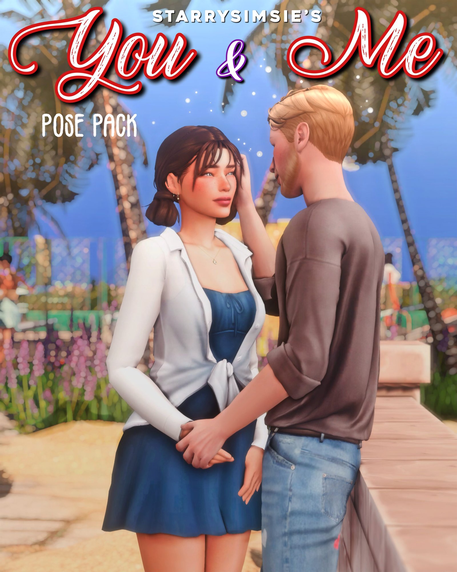 Two Sims holding hands in StarrySimsie’s You and Me pose pack