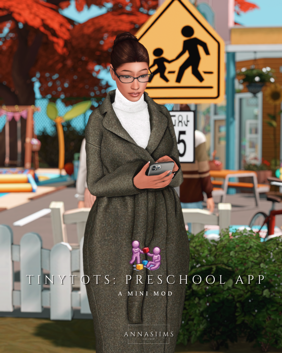 A Sim uses her phone outside a preschool in Annasiims’ TinyTots preview