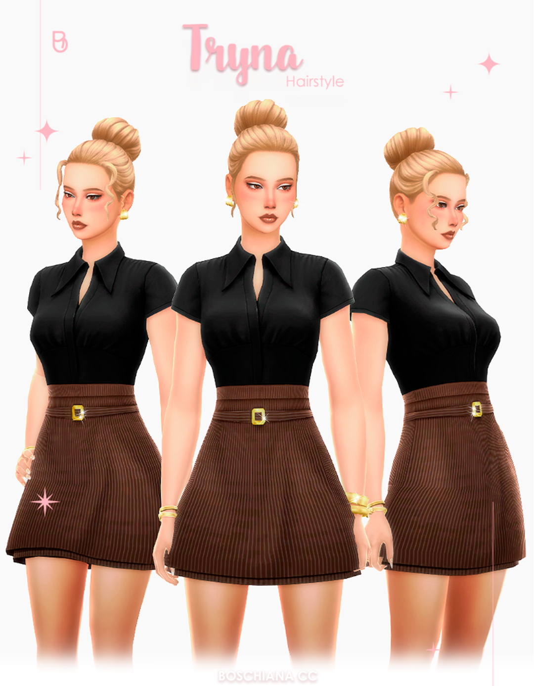 Tryna high bun hairstyle in three versions by Boschiana CC