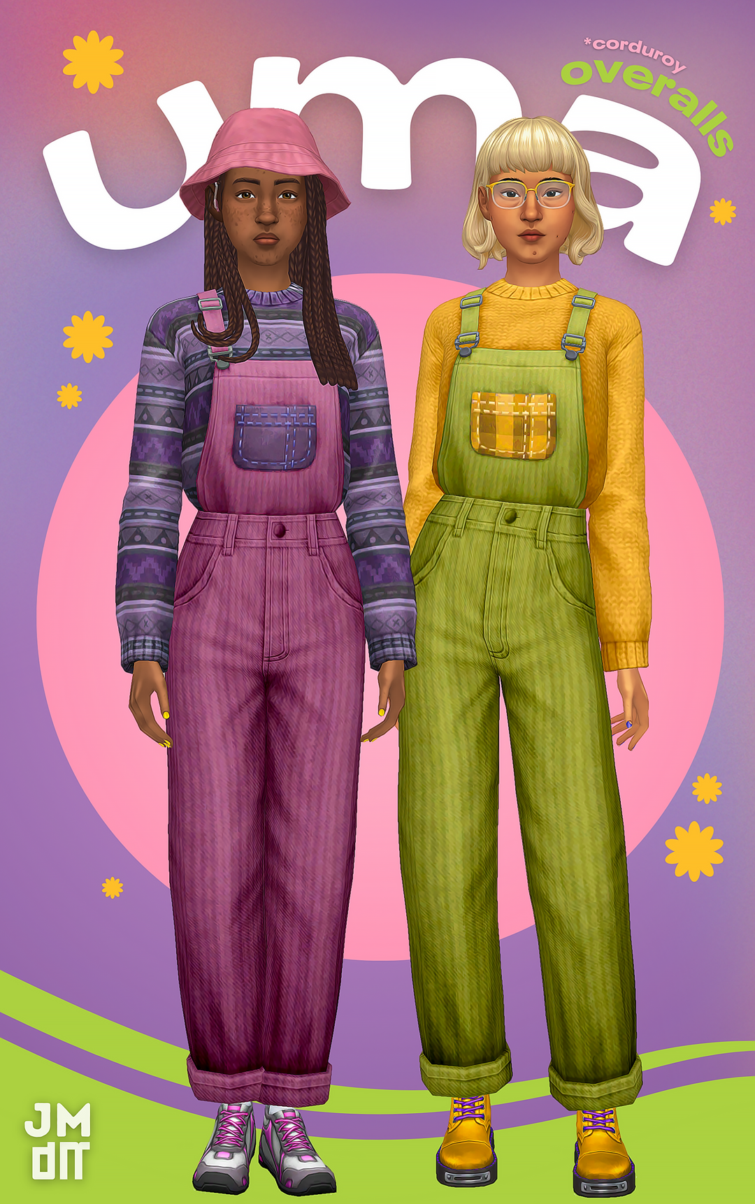 Uma corduroy overalls in purple and green by Jellymoo for The Sims 4