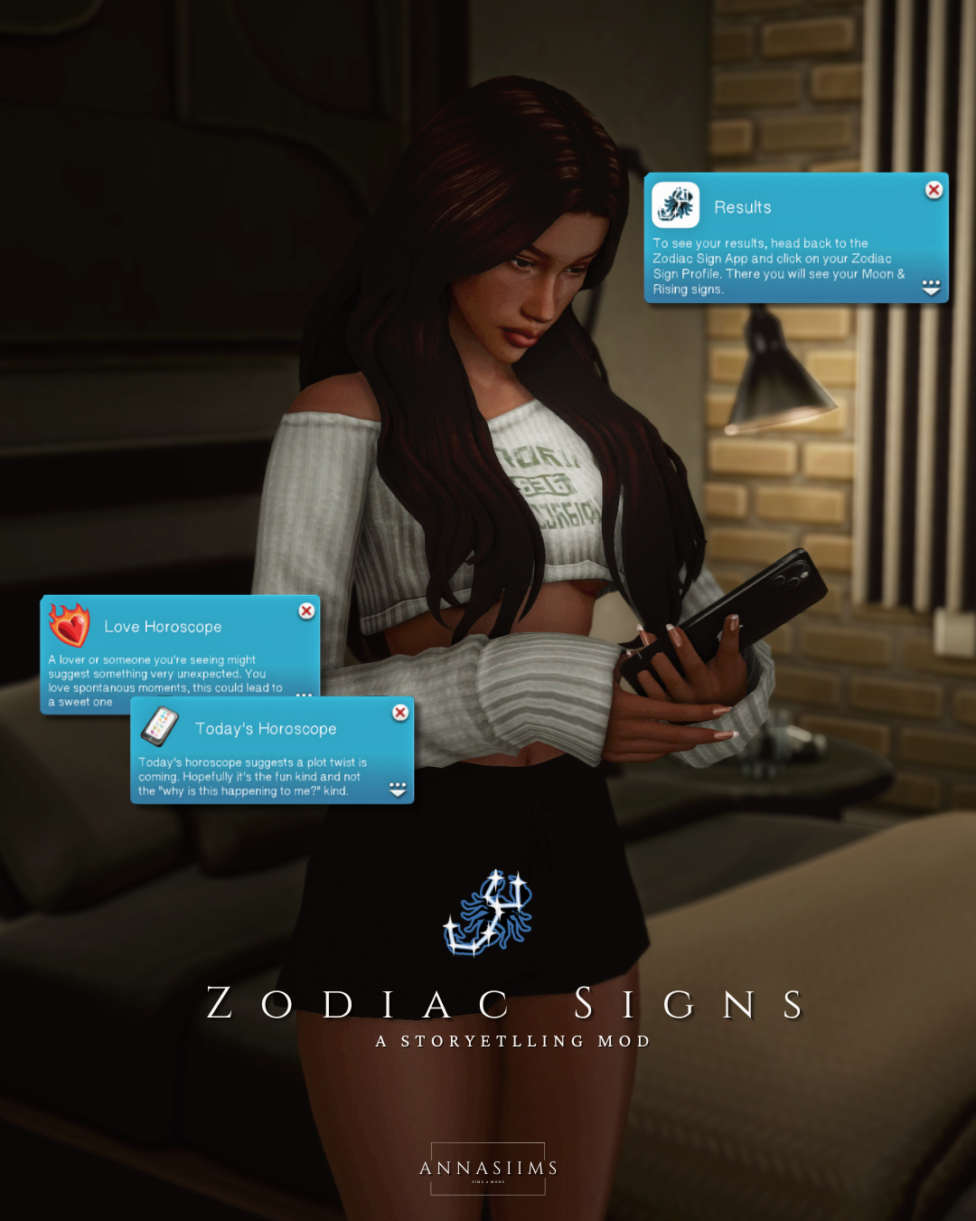 A Sim checks horoscope notifications in Annasiims’ Zodiac Signs preview